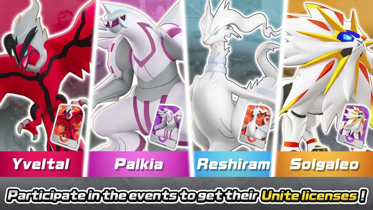 The legends attack! Yveltal, Palkia, Reshiram, and Solgaleo are coming to Unite Battle, with License events for each of them!
