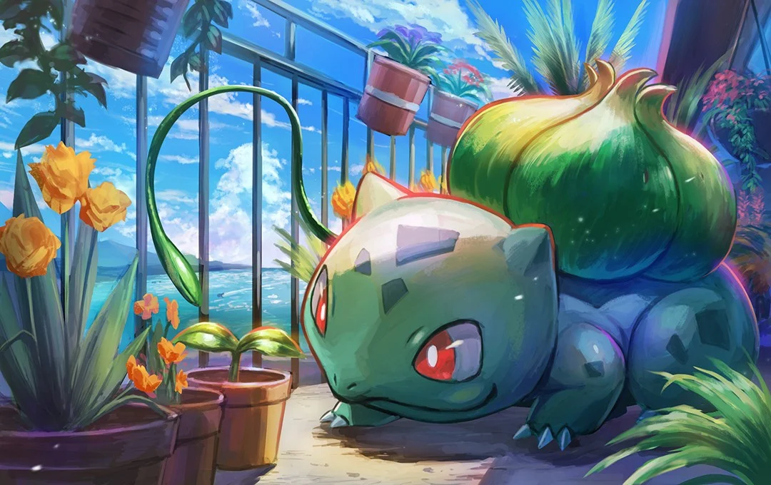 Bulbasaur tending to some plants on a seaside patio