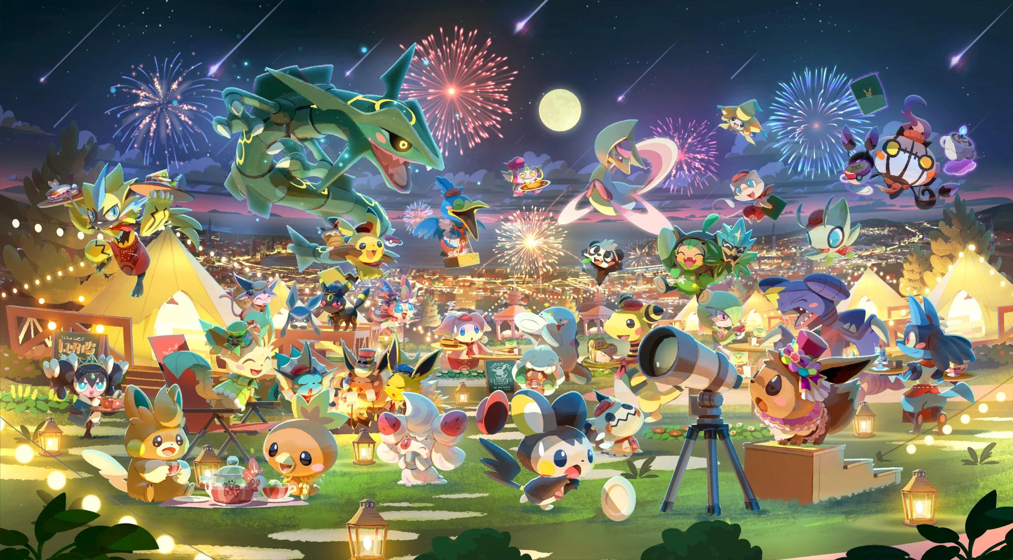 Pokémon Café ReMix key artwork, featuring several Pokémon at a fireworks festival