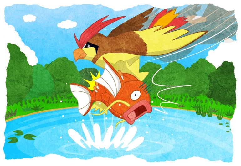 Artwork de Pidgeotto atrapando un Magikarp